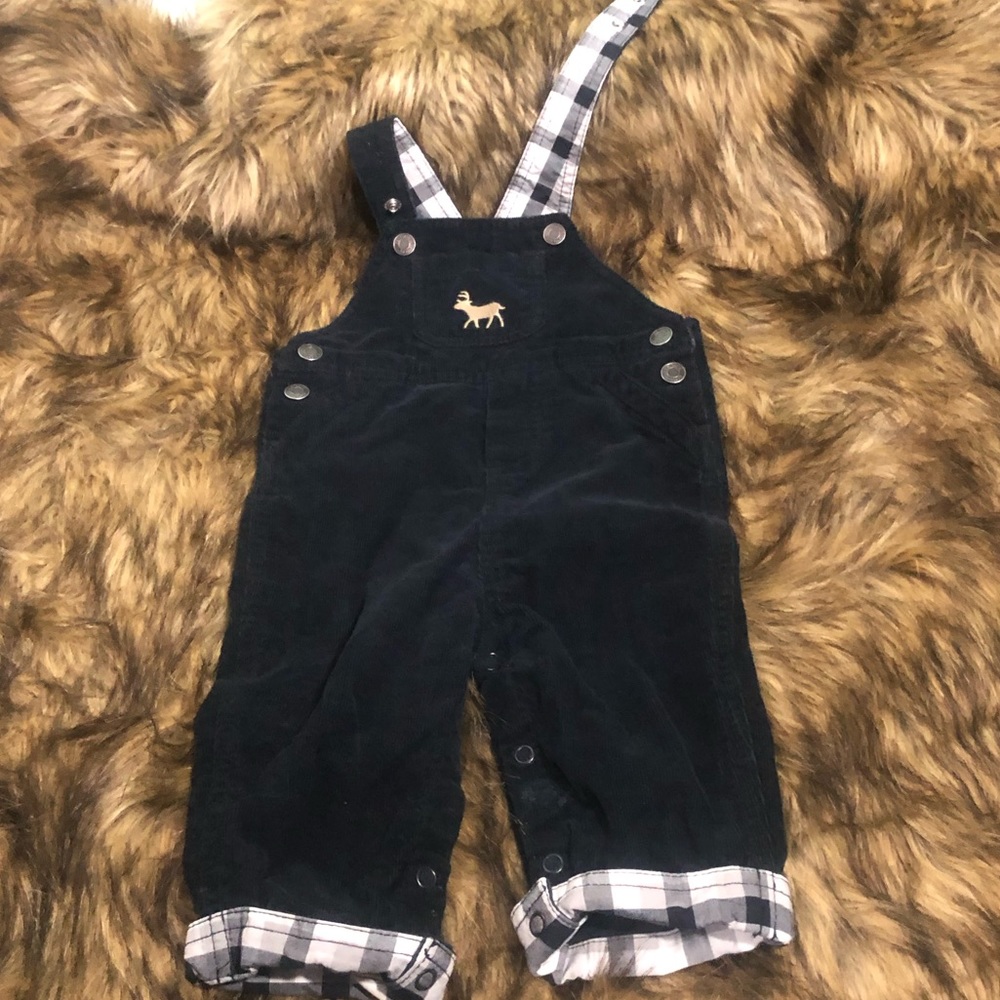 Carter’s corduroy black overalls with plaid cuffs